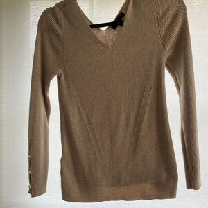 Ribbed Tan & Gold V-Neck Pearl Detailed Sweater